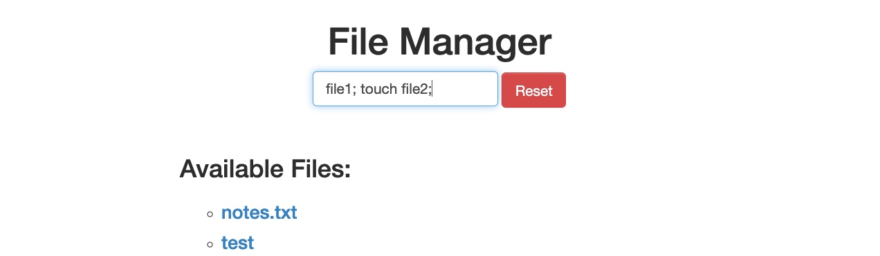File Manager with input 'file1; touch file2;', 'Reset' button, and links to 'notes.txt' and 'test'