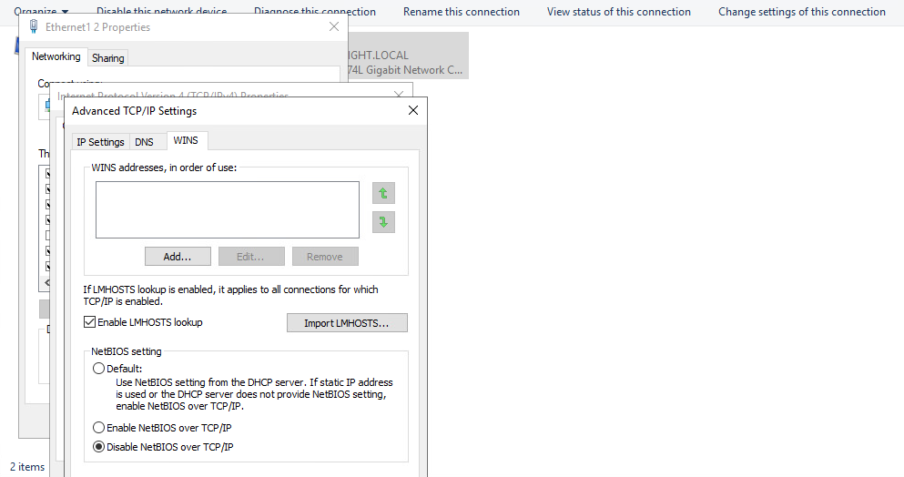 Advanced TCP/IP Settings window showing WINS addresses, LMHOSTS lookup enabled, and NetBIOS settings options.
