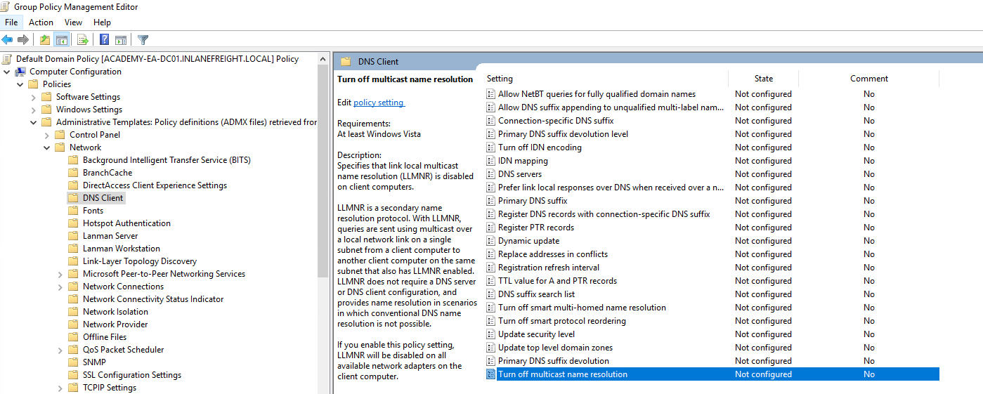 Group Policy Management Editor showing DNS Client settings, 'Turn off multicast name resolution' not configured.