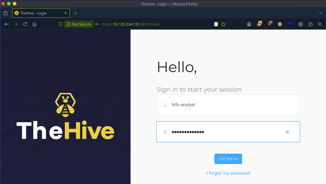 TheHive web app login page in Firefox at http://10.129.234.131:9000/login (marked Not Secure). Right pane shows greeting “Hello,” with fields prefilled: username “htb-analyst” and a masked password, plus a “Let me in” button and “I forgot my password” link. Left pane displays TheHive logo and wordmark on a dark background.