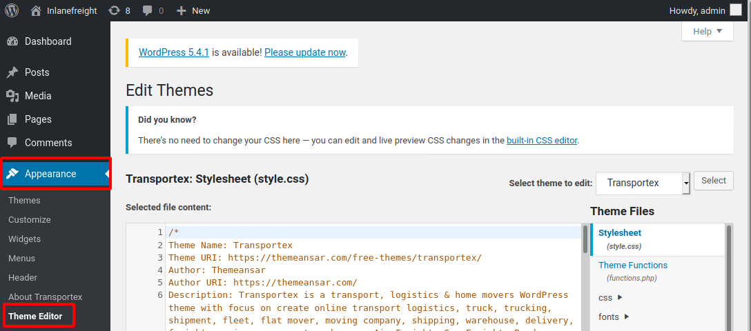WordPress 主题编辑器示例：课程用于说明可选择主题及 PHP 文件