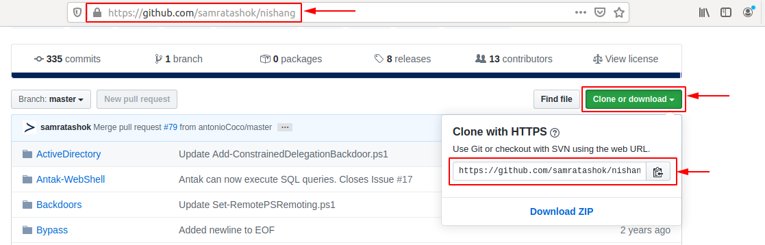 课程 GitHub 克隆链接位置：仓库地址、Clone or download 菜单、HTTPS 链接