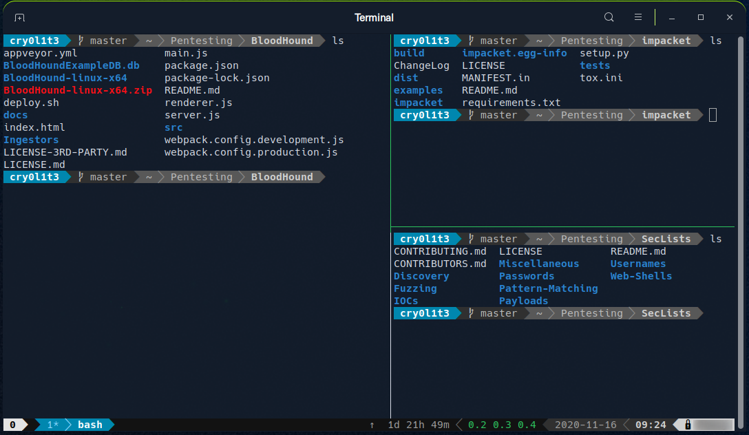 Tmux 多窗格示例：各窗格可以保留不同目录和命令上下文