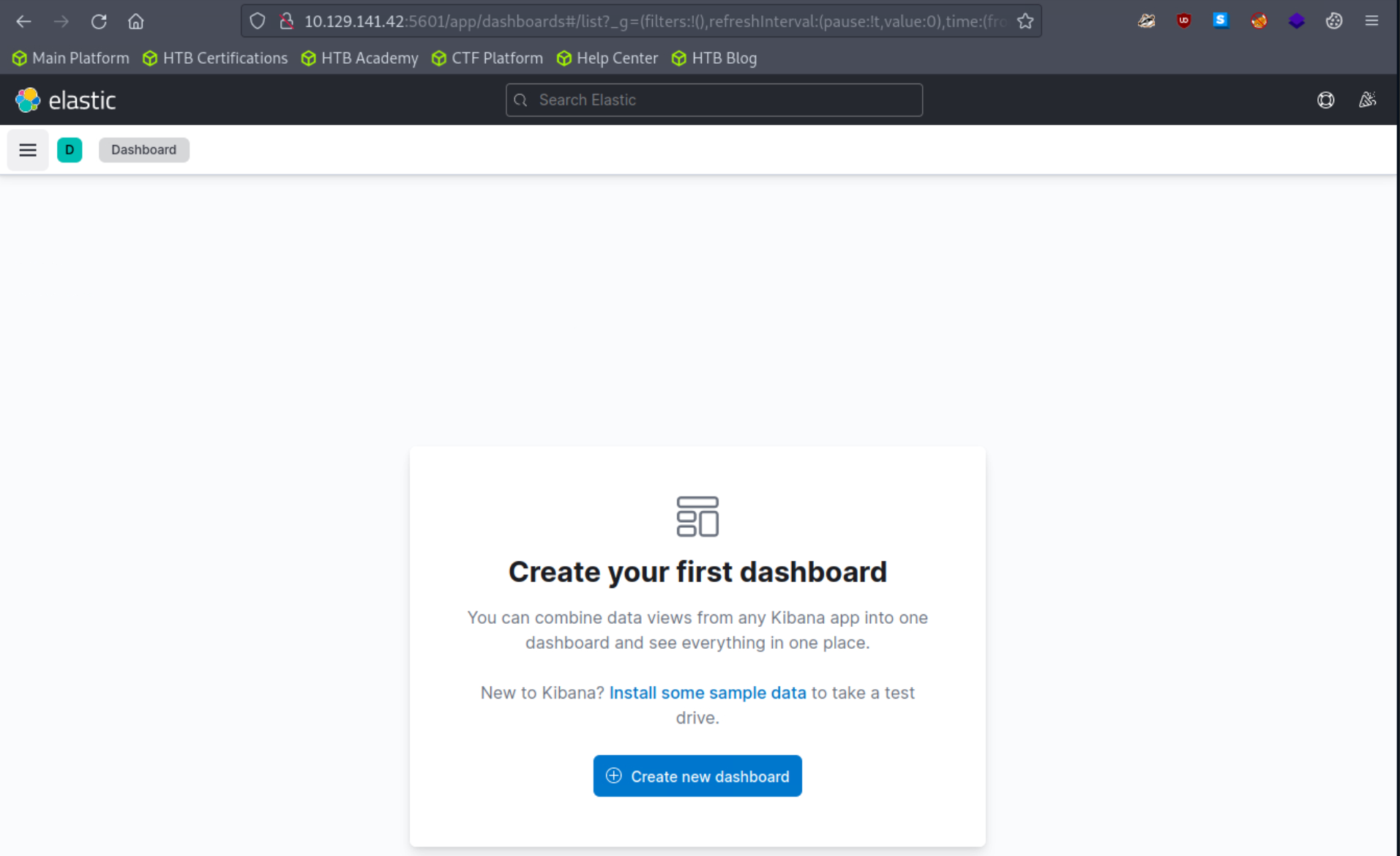 Elastic interface prompting to create the first dashboard with options to install sample data and create a new dashboard.