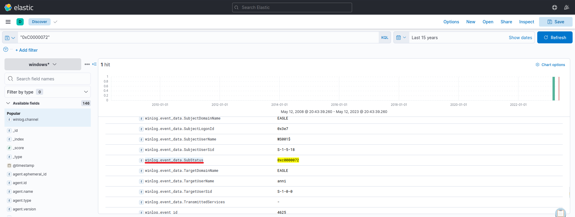 Elastic interface showing search results for '0xC0000072' with a histogram and document table displaying event data.