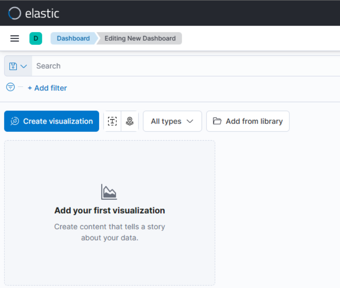Elastic interface for editing a new dashboard, prompting to add the first visualization with options to create or add from library.