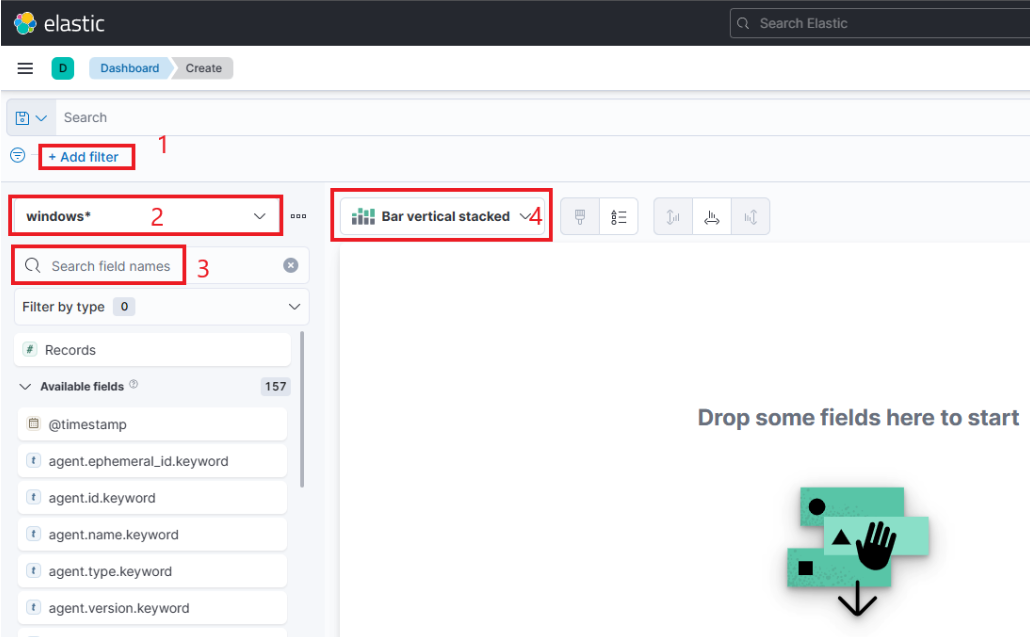 Elastic dashboard: Add filter, select windows index, bar vertical stacked chart.