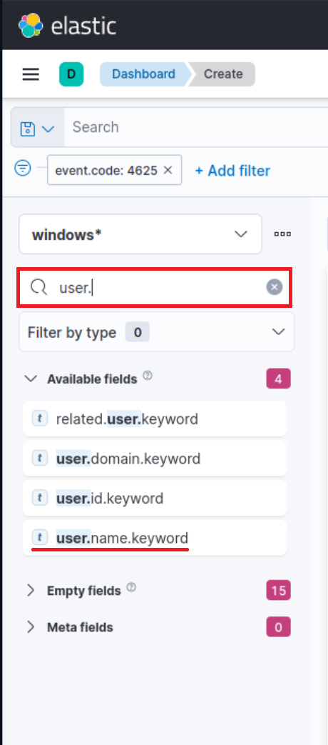 Elastic dashboard: Filter event.code 4625, search user fields.