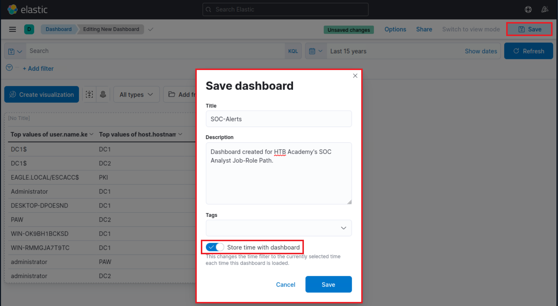 Elastic interface showing 'Save dashboard' dialog with title 'SOC-Alerts', description for HTB Academy's SOC Analyst Job-Role Path, and option to store time with dashboard.