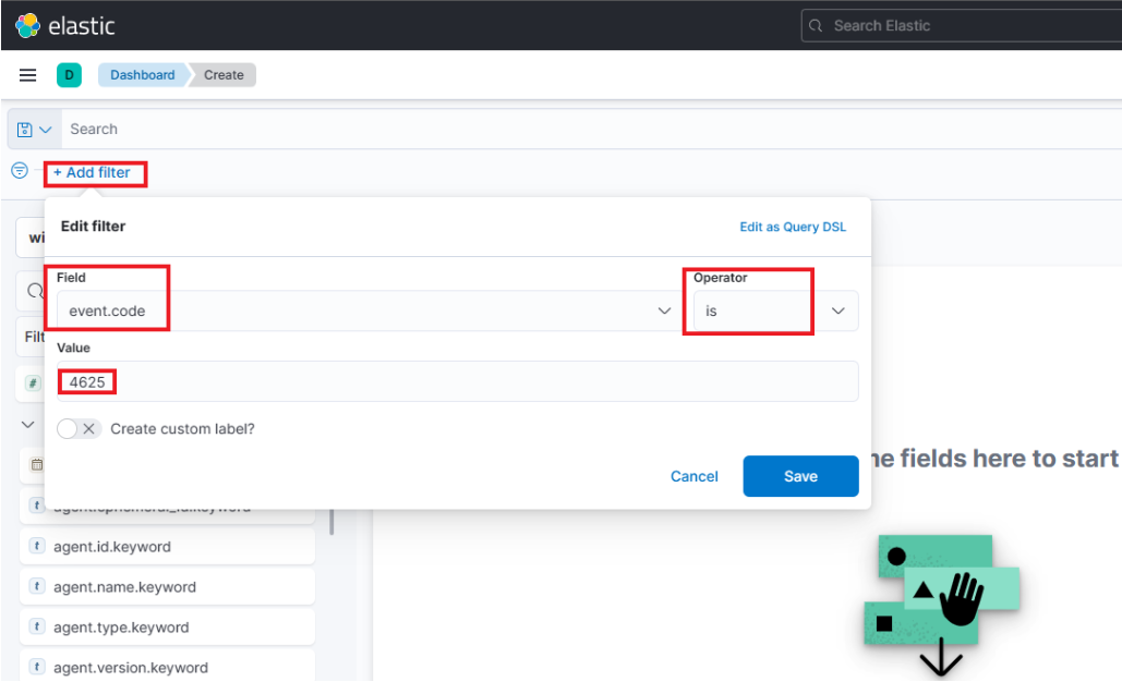 Elastic dashboard interface with 'Add filter' option open, setting filter for 'event.code' to '4625' using operator 'is'.