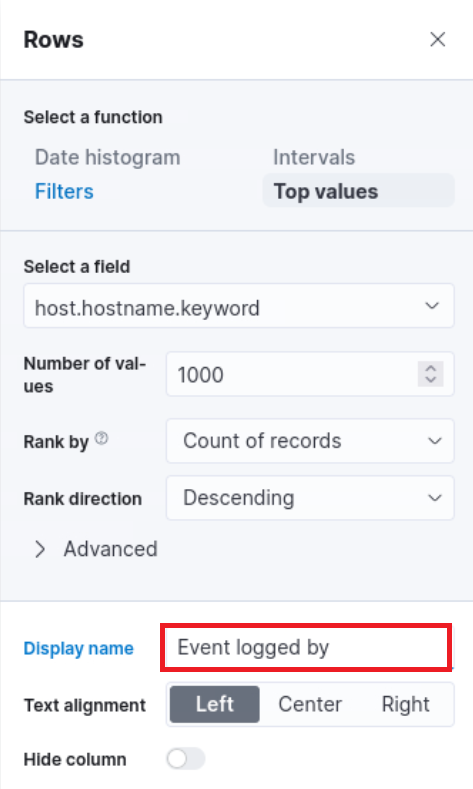 Elastic interface for configuring rows, selecting 'host.hostname.keyword' field, displaying top 1000 values, ranked by count of records in descending order, with display name 'Event logged by'.