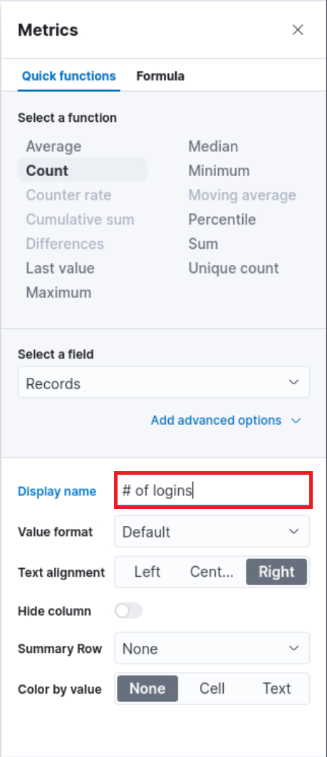 Metrics panel with 'Count' function selected, field set to 'Records', display name '# of logins', text alignment 'Right'.