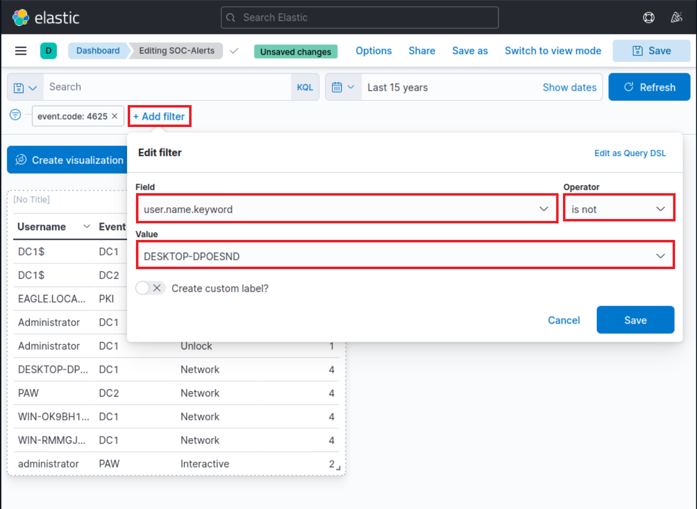 Elastic dashboard with filter settings: Field 'user.name.keyword', operator 'is not', value 'DESKTOP-DPOESND'.