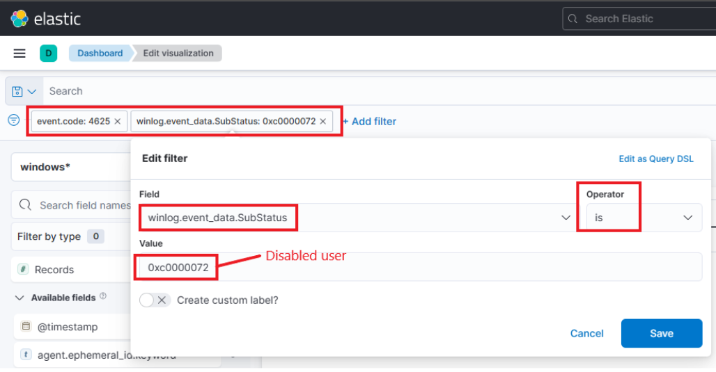 Elastic dashboard with an active filter: 'event.code: 4625' and 'winlog.event_data.SubStatus: 0xc0000072'. Edit filter panel shows 'winlog.event_data.SubStatus' field set to '0xc0000072' (Disabled user) with operator 'is'.