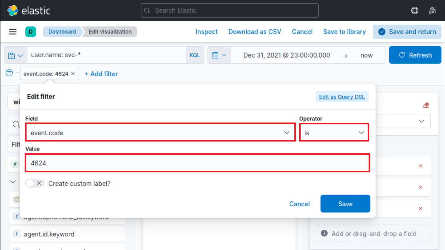 Elastic filter editor with 'event.code' set to 'is 4624' and options to save or cancel.