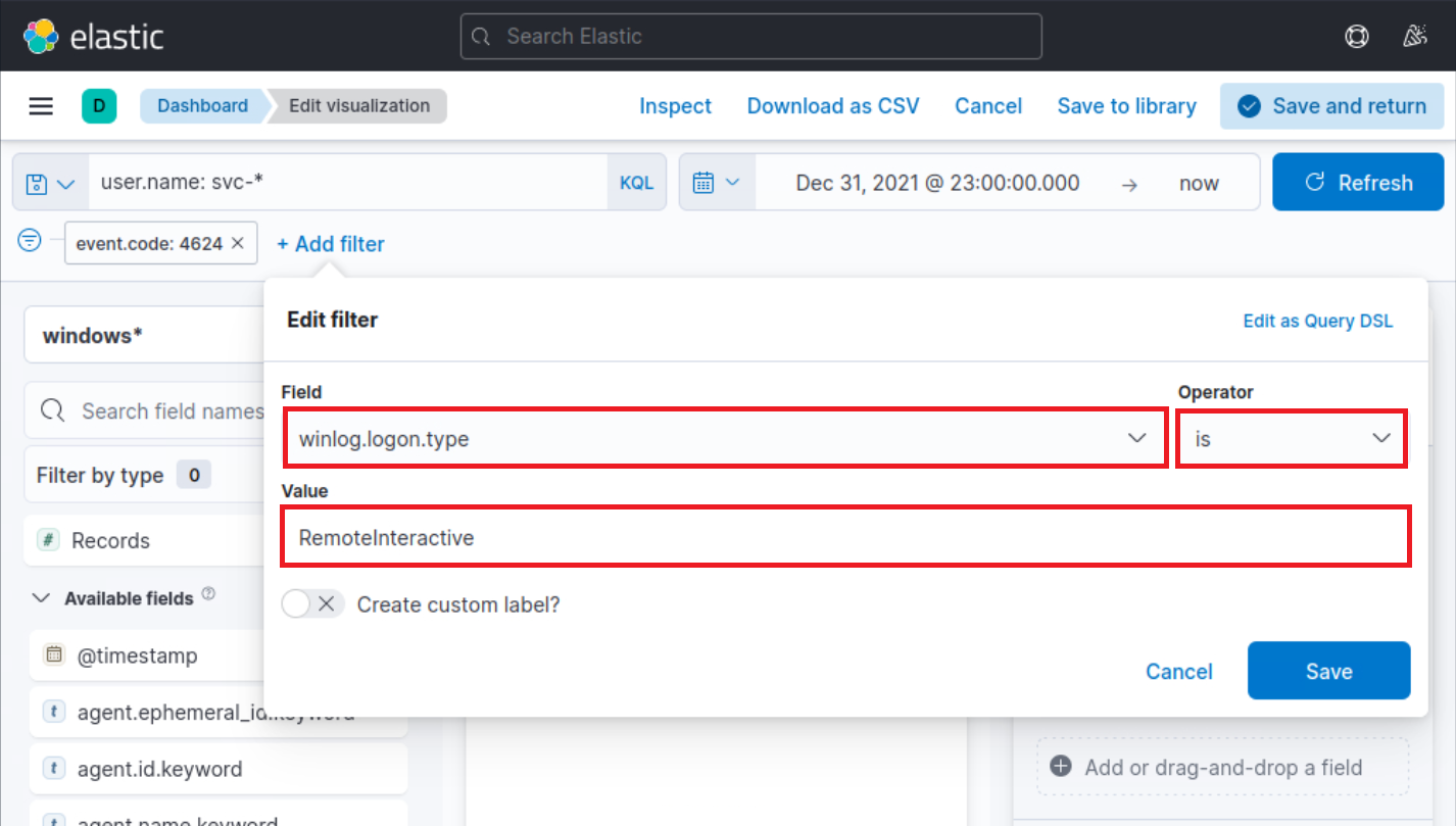 Elastic filter editor with 'winlog.logon.type' set to 'is RemoteInteractive' and options to save or cancel.