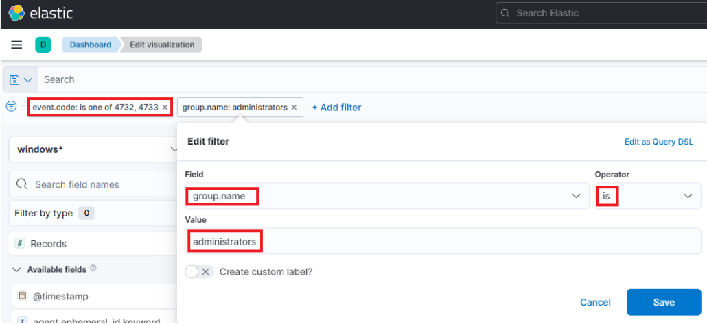 Elastic dashboard filter: event.code is 4732 or 4733, group.name is administrators.