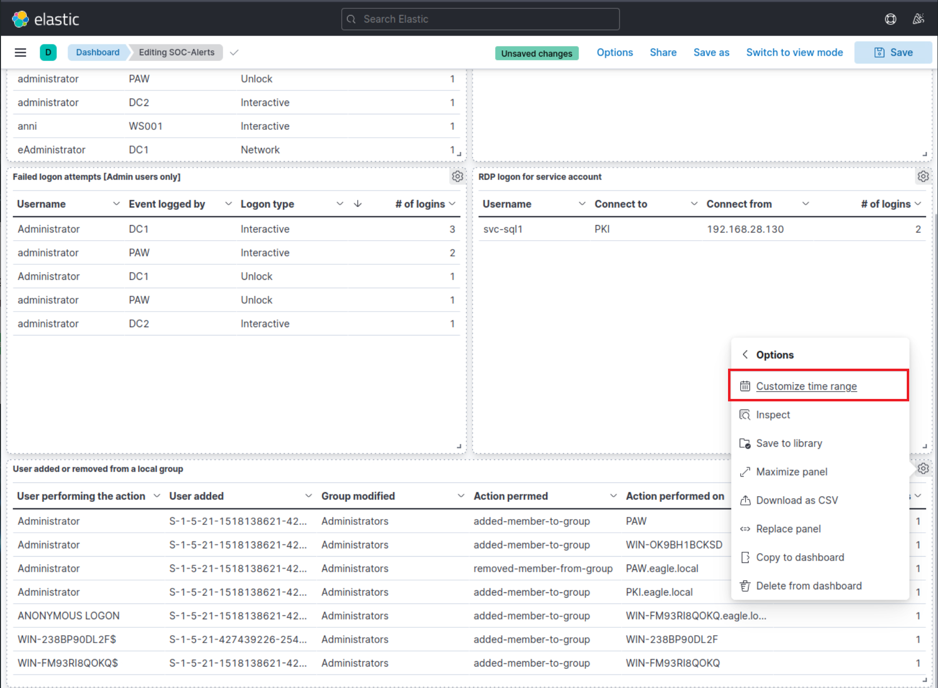 Dashboard showing failed logon attempts and RDP logon for service account, with options to customize time range.