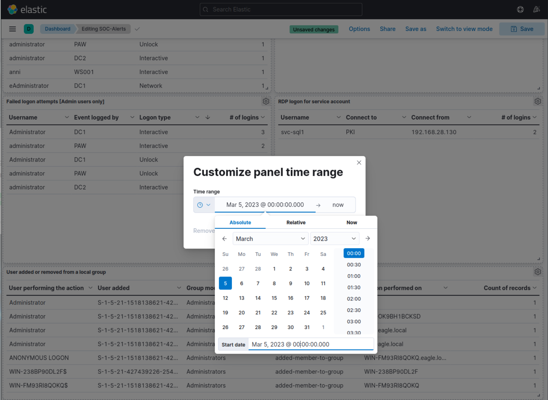 Dashboard with failed logon attempts and RDP logon, showing panel time range customization to March 5, 2023.