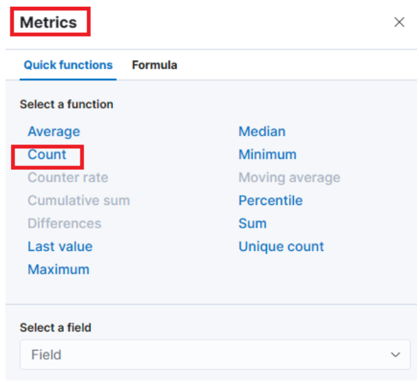 Metrics selection: Choose 'Count' function.