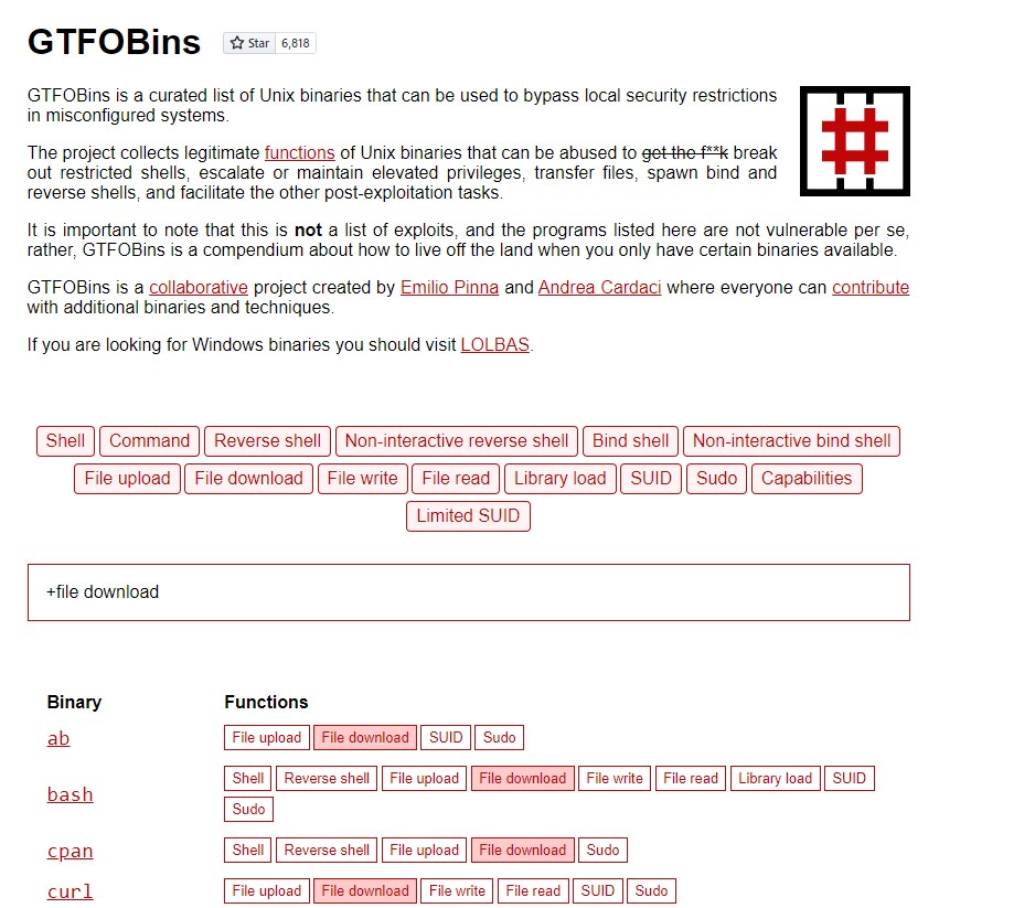 GTFOBins 文件下载条目