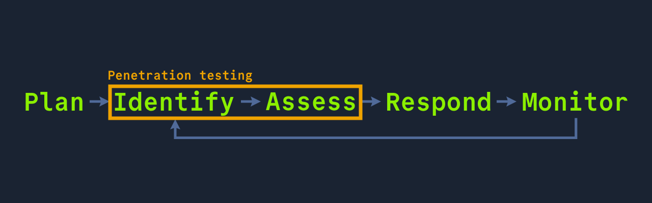 Plan → Identify → Assess → Respond → Monitor, with a feedback loop from Monitor to Identify; ‘Penetration testing’ highlights Identify and Assess.