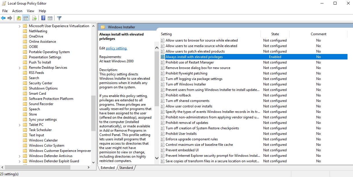 课程示例：组策略中启用了 Windows Installer“始终以提升权限安装”