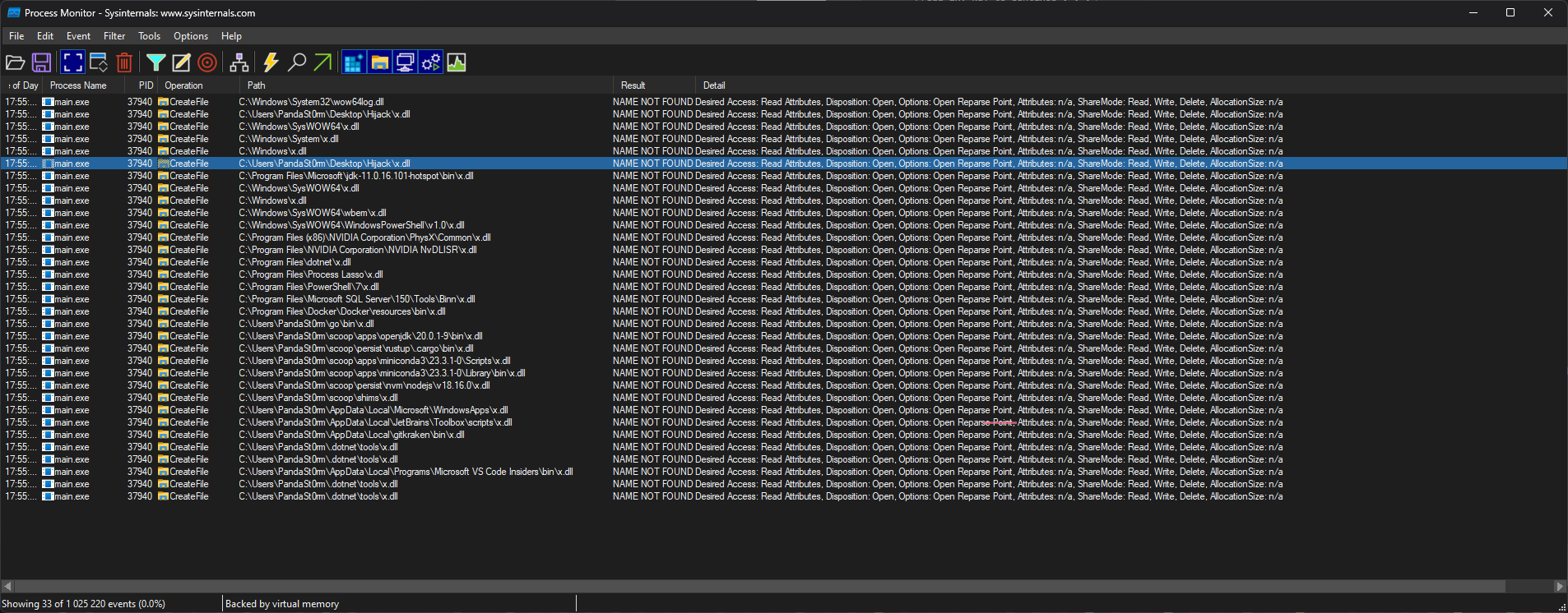 课程示例：Process Monitor 中 main.exe 搜索 DLL 并出现 NAME NOT FOUND 的路径记录